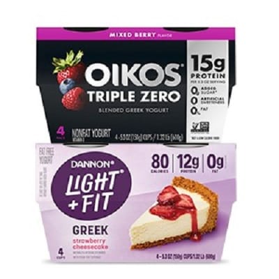 Oikos Triple Zero Vanilla Nonfat Greek Yogurt Pack, 0% Fat, 0g Added Sugar  and 0 Artificial Sweeteners, Just Delicious High Protein Yogurt, 4 Ct, 5.3  OZ Cups